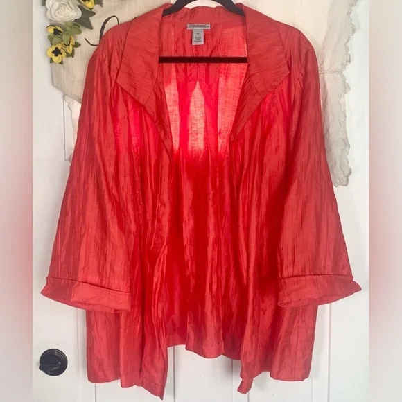 Catherines MB Salmon Crinkle Linen Blend Open Front Collared Jacket, [3x 26/28W] - Picture 2 of 7